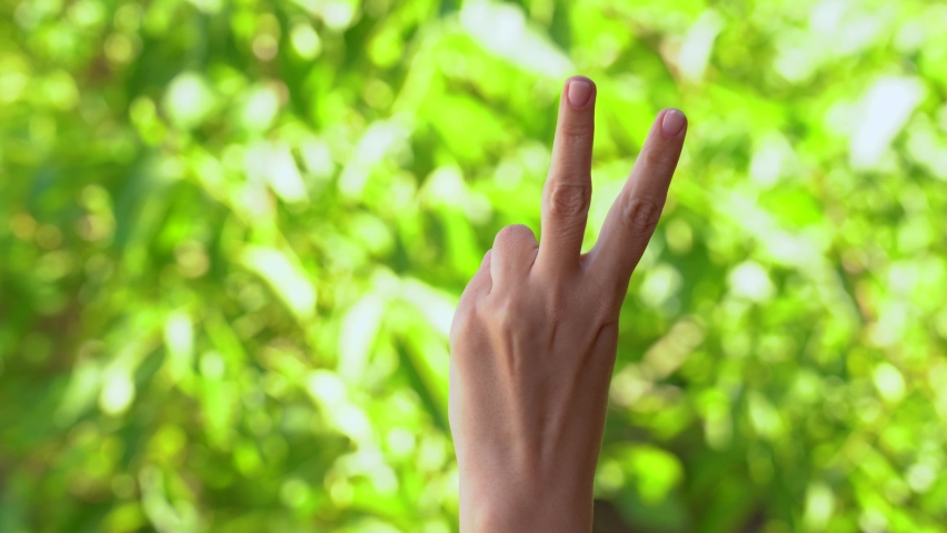 Closeup view 4k video of one female hand isolated on green blurry sunny trees background. Female manicured hand showing peace gesture or Victory symbol, V sign with her two fingers. | Shutterstock HD Video #1064313004