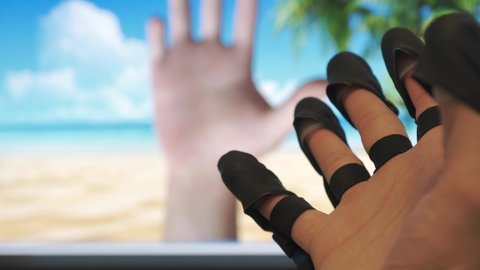 Alternate flexion of fingers from little one, ring, middle, index to thumb. Bionic prosthetic robot digital arm simulator movement on computer monitor screen. Medicine, test experiment, biotechnology