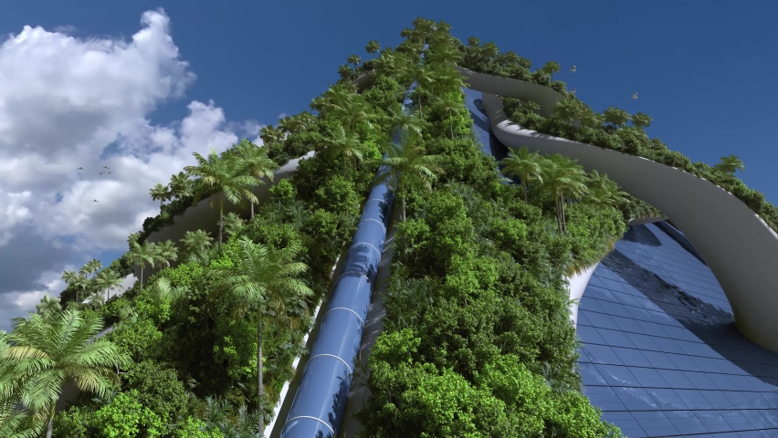 Futuristic "green" city building with a glass pyramid and organically structured terraces covered in vegetation, for environmental architecture backgrounds.  Royalty-Free Stock Footage #1064319592