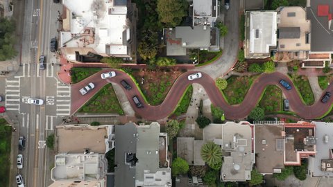 San Franciso, USA. Aerial vista of iconic zigzag street. Lombard street neighborhood - view from above. High quality 4k footage
