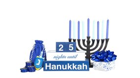HD video Countdown to Hanukkah blue and white blocks counting down from 25 days with menorah, dreidel and a festive present isolated on white. Happy Hanukkah in rainbow colors
