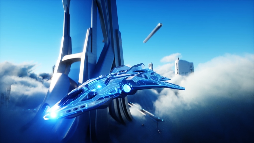 Futuristic sci fi city in clouds. Utopia. concept of the future. Flying passenger transport. Aerial fantastic view. Realistic 4k animation.