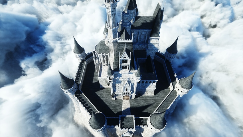 Fairytale palace in clouds. Aerial view. Flying in clouds Realistic 4k animation