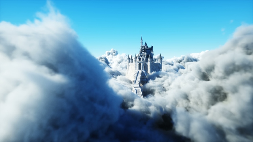 Fairytale palace in clouds. Aerial view. Flying in clouds Realistic 4k animation