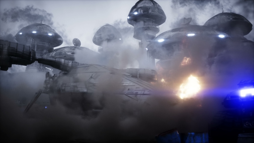 Futuristic sci fi ship take wing. Military robot. Apocalypse city. Realistc dust animation.