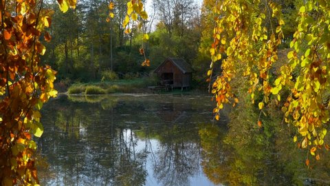 Pond with boathouse in Schacky Park, Diessen am Ammersee, Bavaria, Germany, Europe