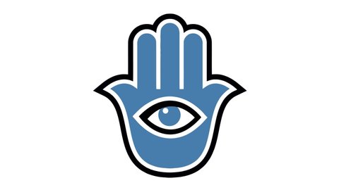 Hamsa hand symbol animation on a white background.  Kappu semitic neopaganism religious symbol particles animation. 