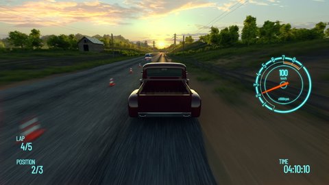3d fake Video Game. Gameplay screen. Racing simulation on modern gaming computer. car chase. Hot-rod car rides on highway. Car hud interface.