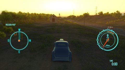 3d fake Video Game. Gameplay screen. Racing simulation on modern gaming computer. car chase. retro car rides in village. Car hud interface.