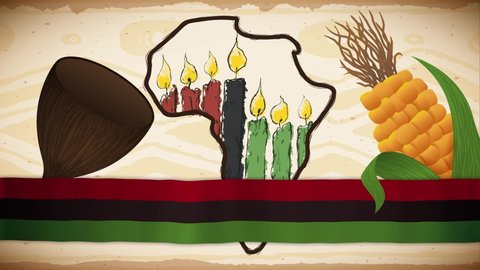Scroll with tribal pattern, cup, corn, African silhouette map and candles in hand drawn style behind a waving Kwanzaa flag, to commemorate this Afro-American holiday. Video animated 4K