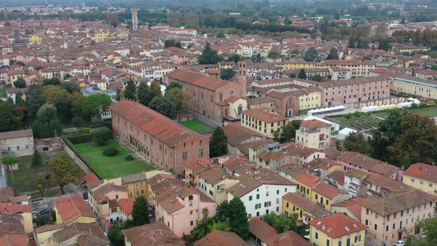 Aerial view of ancient town Lucca, Italy, Toscana region.