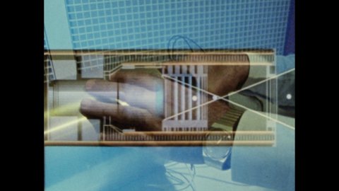 1980s: Animation of cross section of spectrometer. Planets in space.