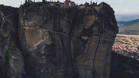 Aerial View of Meteora, Complex of Eastern Orthodox Monasteries, Greece, pull uop and reveal Holy Trinity Monastery