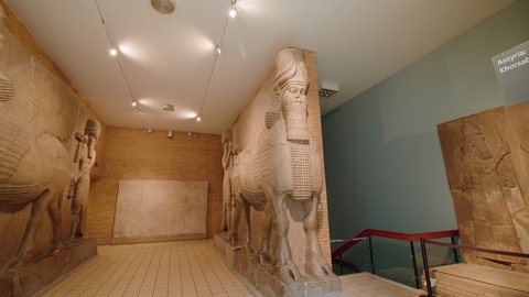 London, England - December 2, 2020: King Nebuchadnezzar II of Babylon in the British Museum in London, UK in 4K. A look of museum artefacts in Britain.