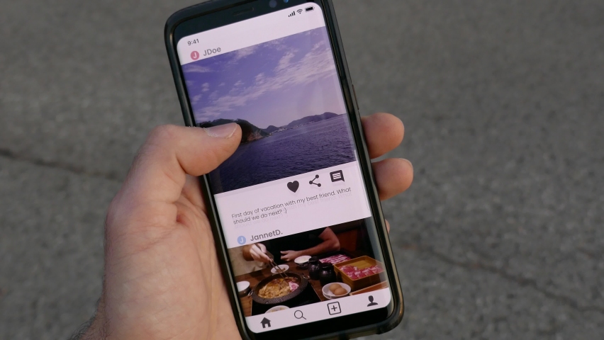 Browsing social media app and giving likes to some pictures.