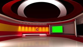 TV studio. Spain. Spanish flag. News studio. Loop animation. Background for any green screen or chroma key video production. 3d render. 3d