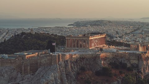 Establishing Aerial View Shot of Athens, Parthenon, Acropolis, Greece, vast city in background