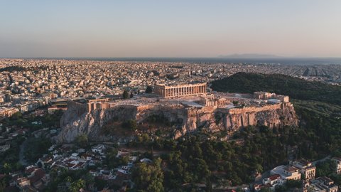 Establishing Aerial View Shot of Athens, Parthenon, magnificent Acropolis, Greece
