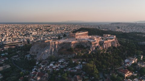 Establishing Aerial View Shot of Athens, Parthenon, incredible Acropolis, Greece
