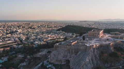 Establishing Aerial View Shot of Athens, Parthenon, fine Acropolis, Greece