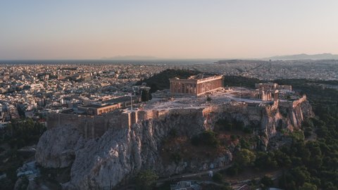 Establishing Aerial View Shot of Athens, Parthenon, wonderful Acropolis, Greece