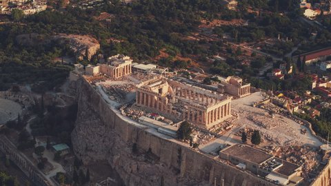 Establishing Aerial View Shot of Athens, Parthenon, 75 degree sunlit Acropolis, Greece