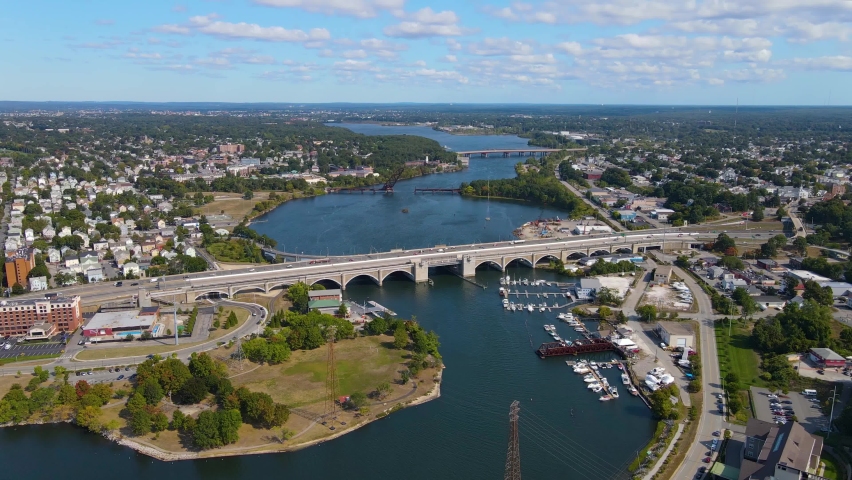 Aerial view of Washington Bridge between City of Providence and East Providence on Seekonk River in Rhode Island RI, USA. 