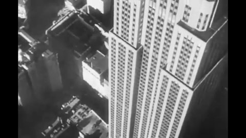 CIRCA 1960 - In this B movie, a plane flies over the skyscrapers of New York City, New York.