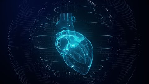 Anatomically correct blue digital human heart seamless loop. Futuristic particle cardiac computer tomography scan with rotation looping 3D render. MRI future, disease, health and medical concept