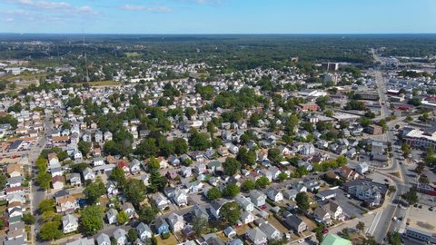 Historic city center aerial view on Taunton Avenue in downtown East Providence, Rhode Island RI, USA. 