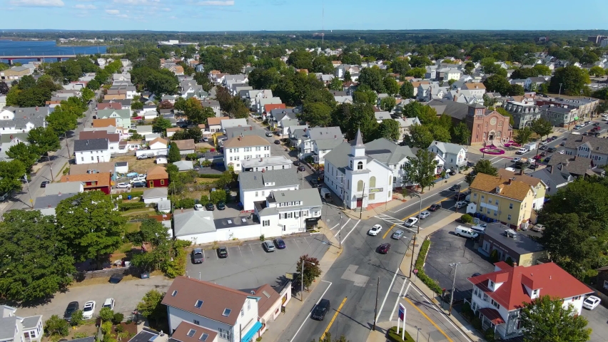 Historic city center aerial view on Taunton Avenue in downtown East Providence, Rhode Island RI, USA. 