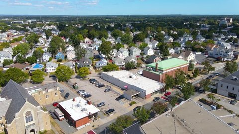 Historic city center aerial view on Taunton Avenue in downtown East Providence, Rhode Island RI, USA. 