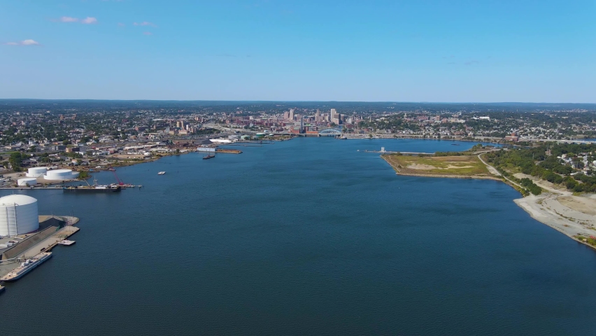 Aerial view of Providence River near Narragansett Bay with Providence city at the background, Providence, Rhode Island RI, USA. 