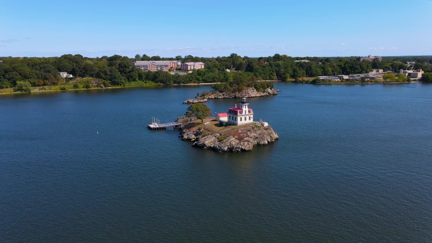 Aerial view of Pomham Rocks Lighthouse on Providence River near Narragansett Bay in East Providence, Rhode Island RI, USA. 