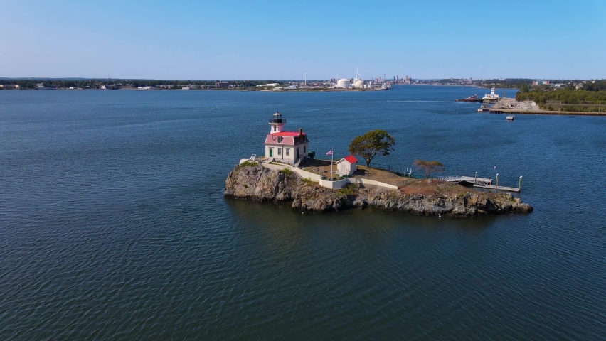 Aerial view of Pomham Rocks Lighthouse on Providence River near Narragansett Bay in East Providence, Rhode Island RI, USA. 
