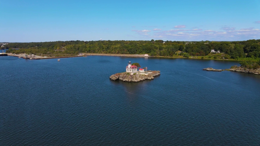 Aerial view of Pomham Rocks Lighthouse on Providence River near Narragansett Bay in East Providence, Rhode Island RI, USA. 