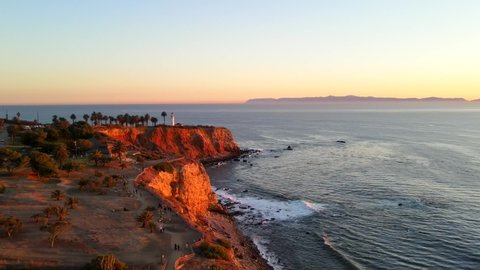 Palos Verdes CA circa 2020 4K West Coast Aerial view of Light House and Cliff with Catalina Island