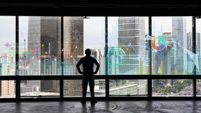 4k businessman back raising victory arm,Overlooking the urban from window.financial chart,Business tech digital Data trend hud Graph,Changing Economic node line,Digital Tableau of Stock Market Values. - Powered by Shutterstock - Get 15% off with code: PIKWIZARD15