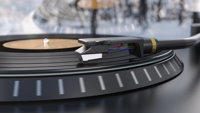 Classic vinyl turntable against window with winter yard behind them. Record disc rotates and retro player plays the popular music 60s 70s 80s 90s. Black sound plate at the gramophone, 3d animation.