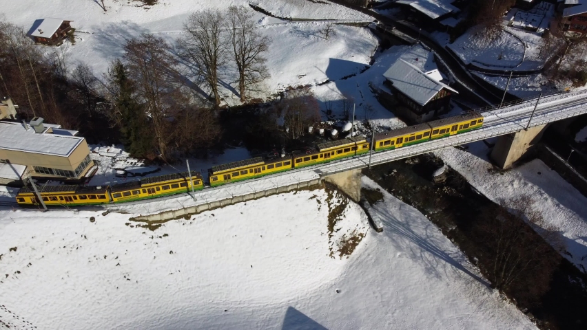 Mountain train climbing to Wengen from Lauterbrunnen, Swiss Alps