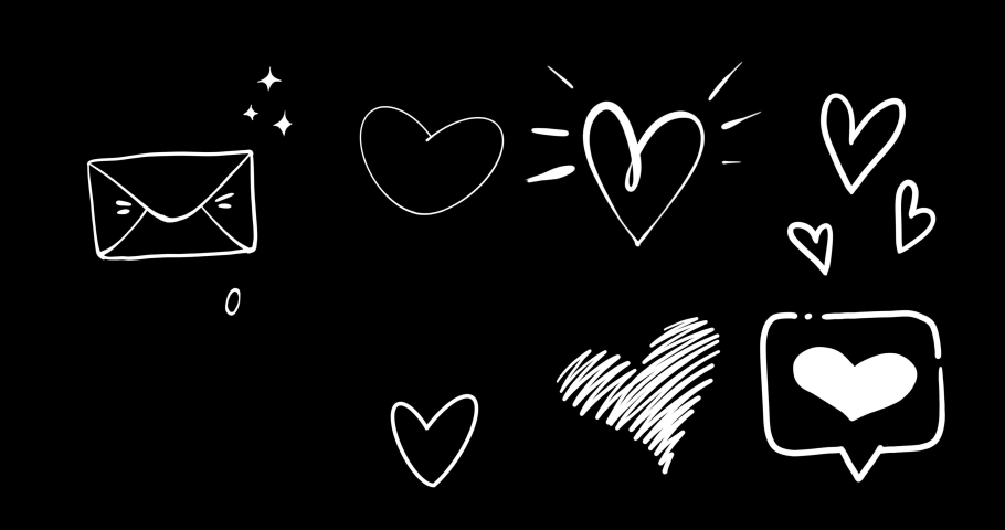 Set of animated hand drawn hearts isolated on a black background. Alpha channel in cartoon doodle style. White hearts for Valentine's Day. Royalty-Free Stock Footage #1064417632