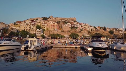 Kavala port in Greece at sunset.
