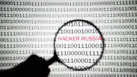 Inscription Russian hackers among binary code on white background is viewed with magnifying glass. - Powered by Shutterstock - Get 15% off with code: PIKWIZARD15