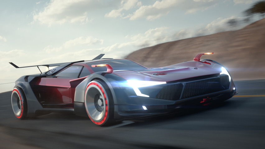 Sports Car Concept Auto Going on Road. Red Black 3d Supercar Driving at High Speed Freeway. Driving Powerful Modern Electric Car on Sunset Day Scene. Fast Drive Lifestyle in Racing Futuristic Car 4k