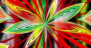 Floral fractal of red, yellow, green and white shades. A dark background with red, yellow, green, and white streaks and twinkling stars.
