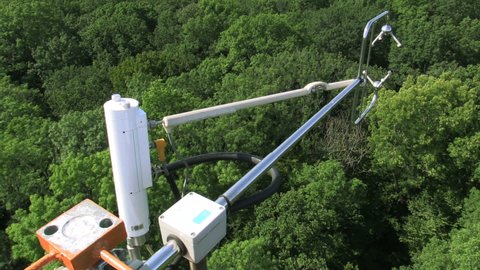BRNO, CZECH REPUBLIC, SEPTEMBER 24 , 2020: Eddy covariance systems consist sonic anemometer scientific tower station research gas analyzer wind carbon dioxide gas fluctuations. Floodplain forests
