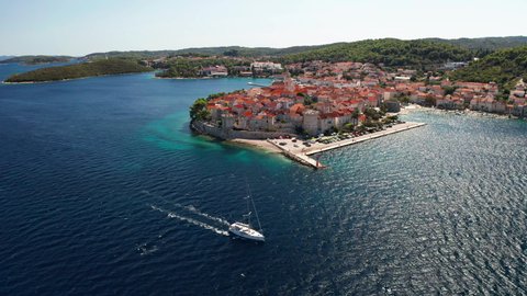 Aerial view of Korcula old town on Korcula island, Croatia.