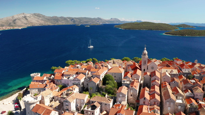 Aerial view of Korcula old town on Korcula island, Croatia.