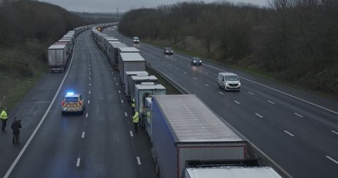 Dover, Kent, England, United Kingdom, 22-12-2020: Lorries stranded on M20 in Kent towards Dover Channel tunnel due to closed borders and Brexit