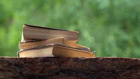Closeup view 4k video of stack of several old vintage paper books laying on wooden surface of cuted tree log isolated on green blurry natural bokeh background.